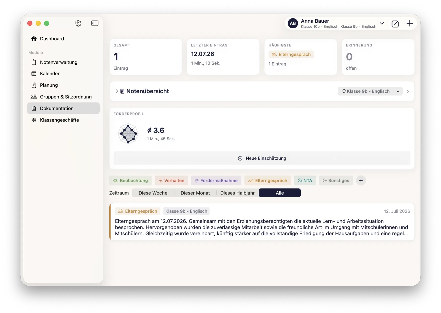 Documentation overview for a student with key figures, grade overview, support profile and the list of entries