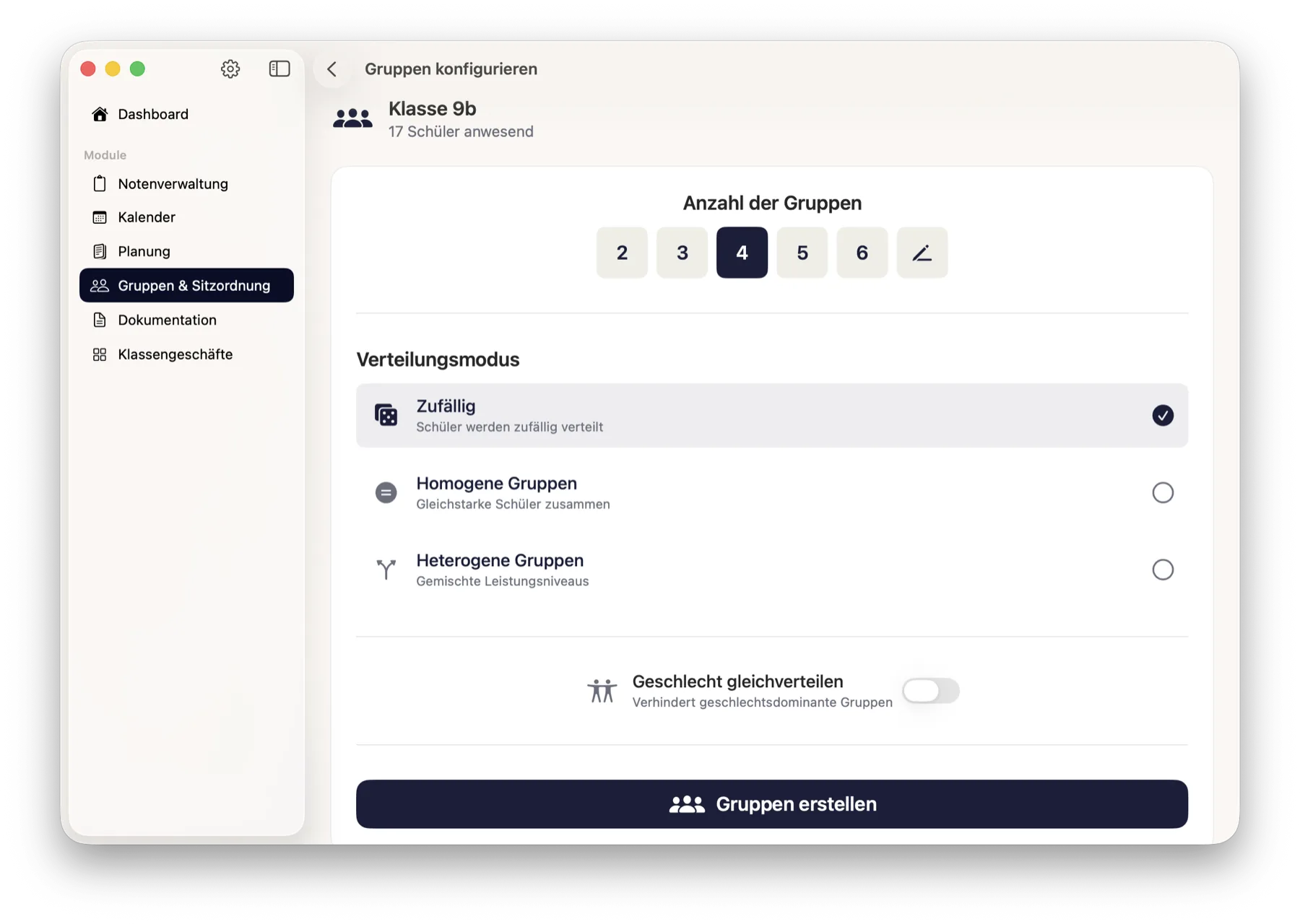 Configuration view with the number of groups, the three distribution modes and the gender balancing switch
