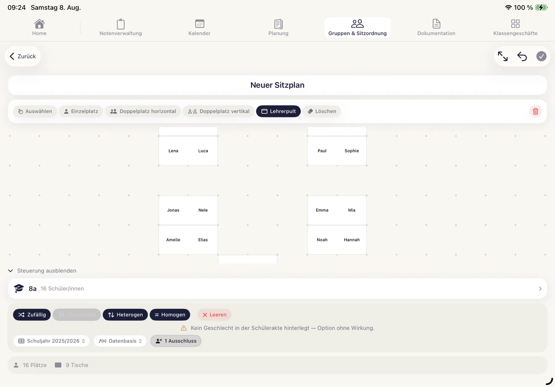 Belegter Sitzplan