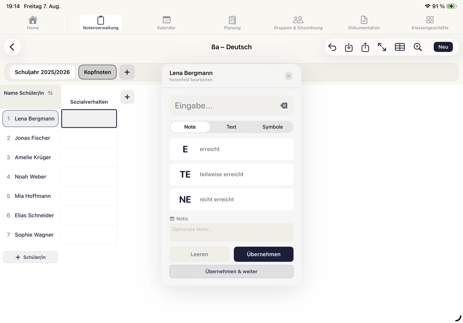 Notenfeld-Editor mit E, TE, NE