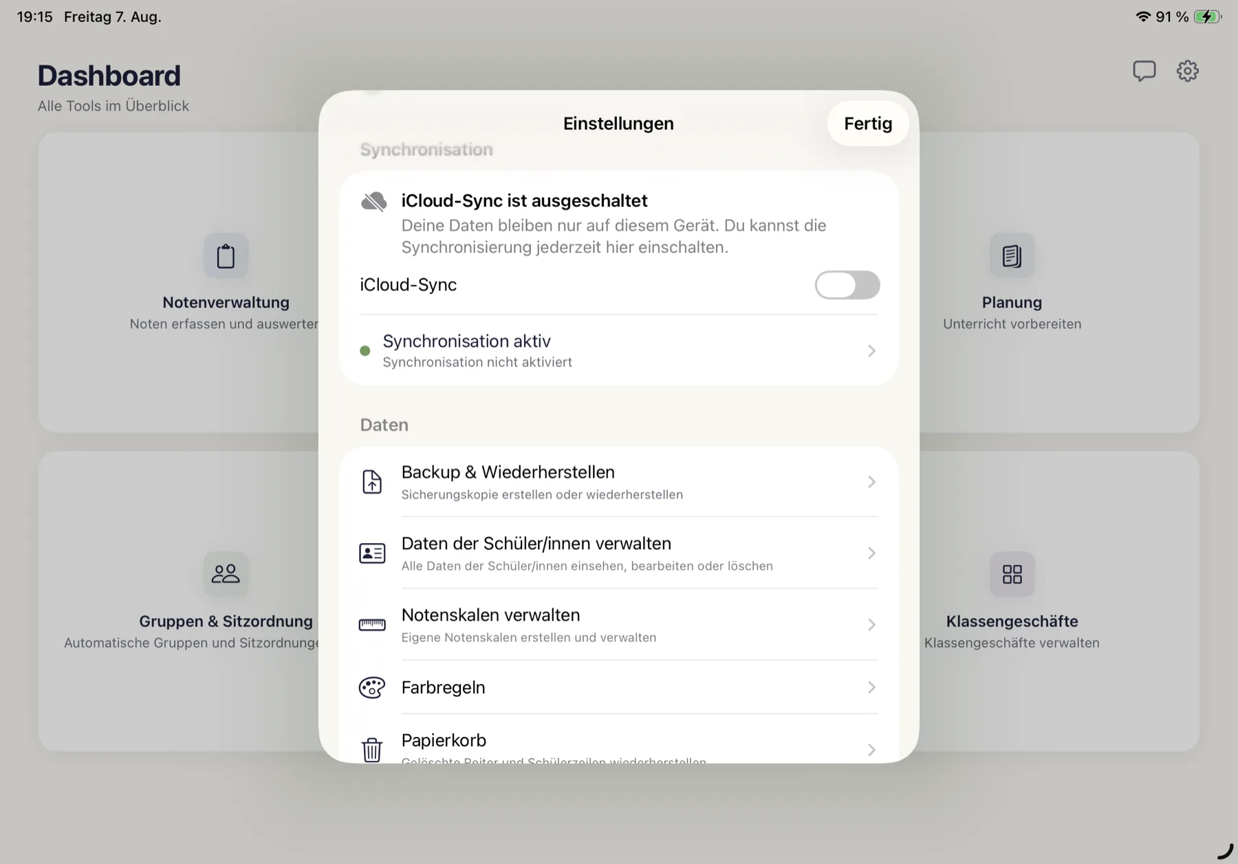 Einstellungen: Datenbereich