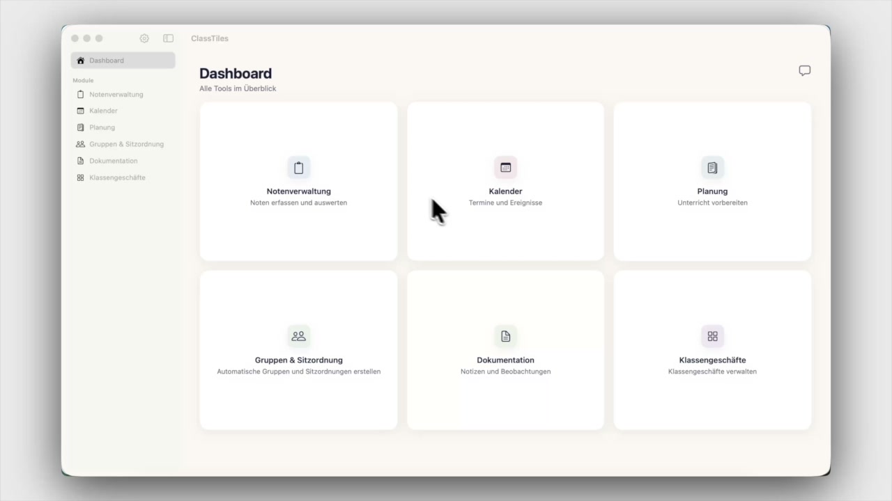 Das ClassTiles-Dashboard mit den sechs Modulkacheln