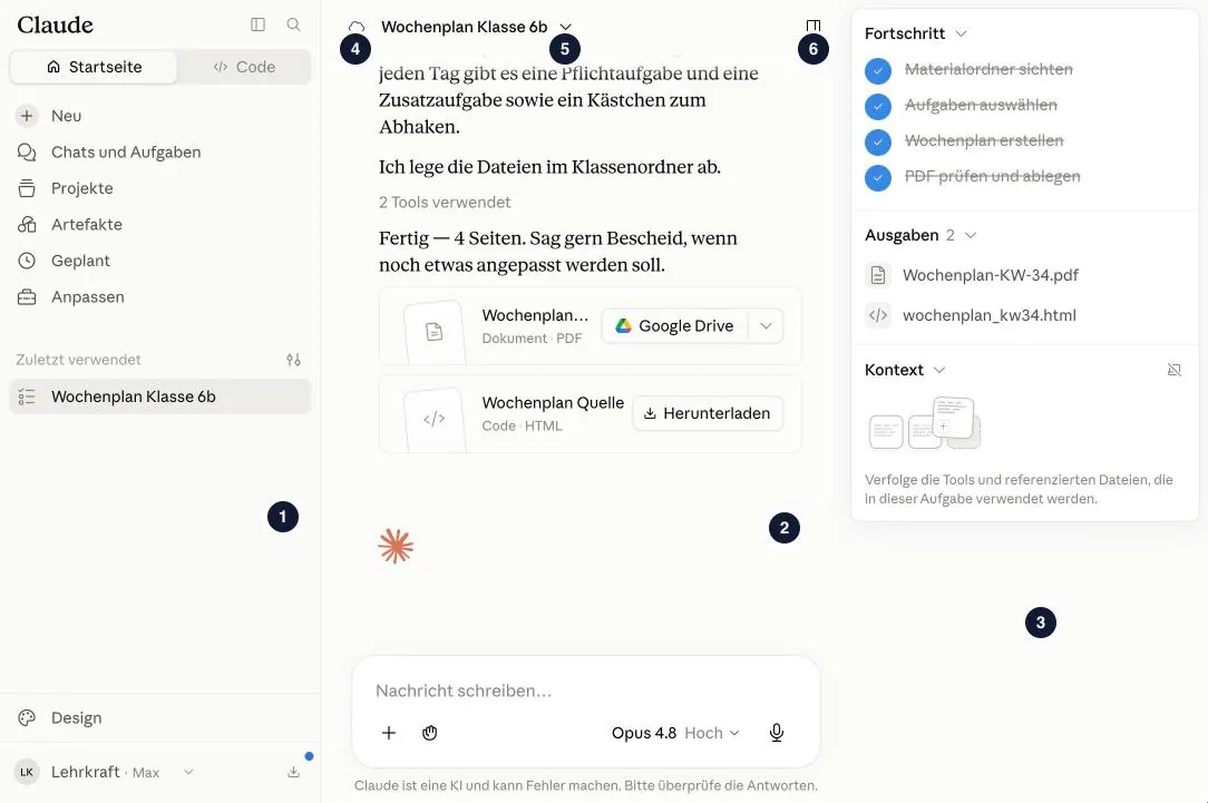 Bild 4: Eine laufende Cowork-Sitzung mit den drei Spalten.