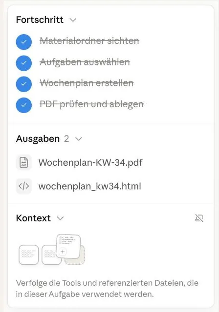 Bild 5: Die Arbeitsspalte mit Fortschritt, Ausgaben und Kontext.
