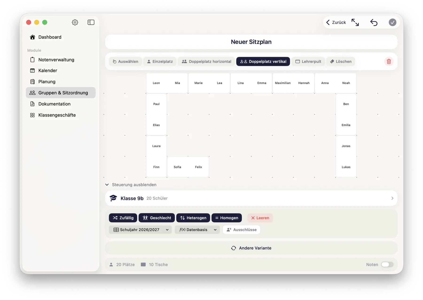 Seating plan editor with single and double desks, distributed first names and the distribution modes